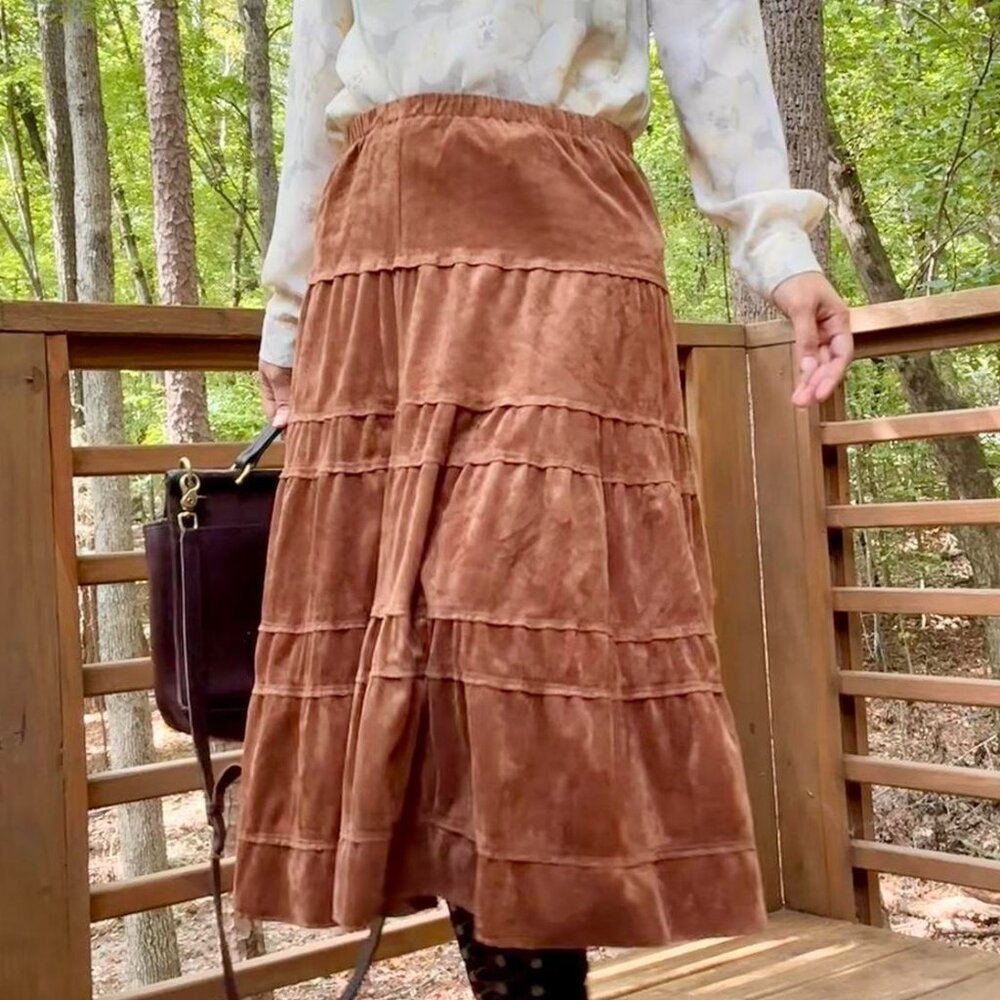 y2k 00s 'TANTRUMS' brand SUPER SWEET FAUX SUEDE BOHEMIAN TIERED MIDI SKIRT!